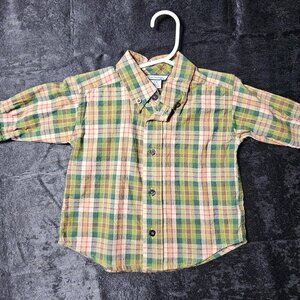 Y2K Hartstrings Olive Green and orange Plaid Flannel Button‑Down Shirt 12M